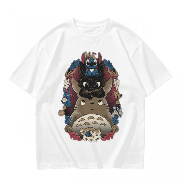 Olive T-Shirt with Stacked Anime Character Totem Print