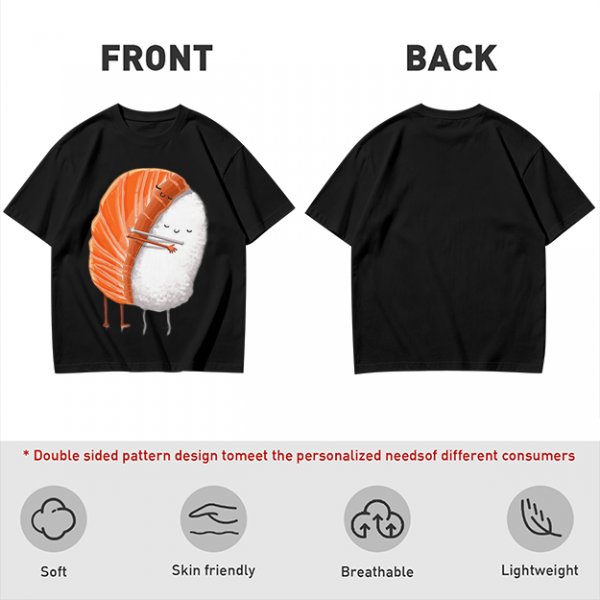 Olive T-shirt with Cute Hugging Salmon Sushi and Rice Print