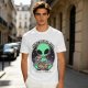 Olive green t-shirt with alien eating pizza text Just Here For The Pizza