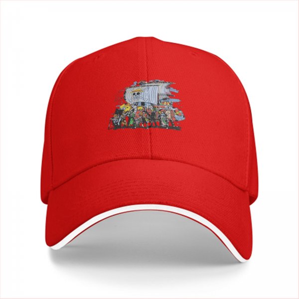 Black Baseball Cap with One Piece Straw Hat Pirates Ship Print