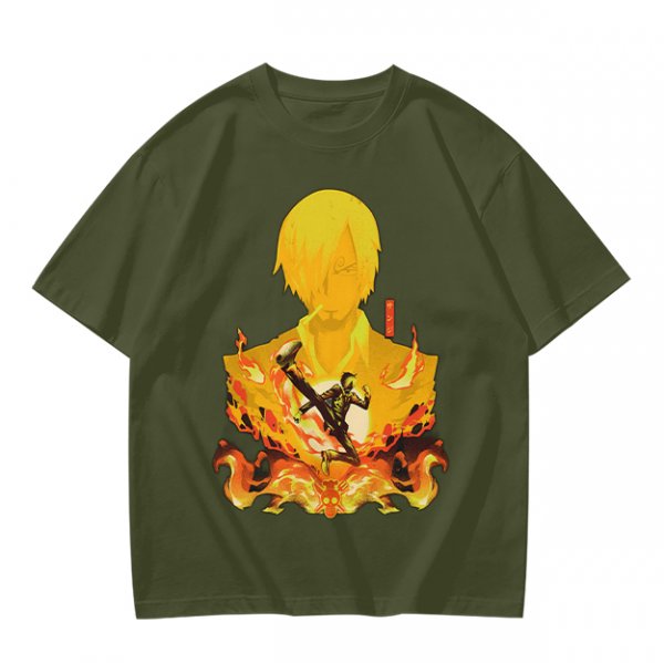 One Piece Sanji Fire Kick Graphic Olive T-Shirt