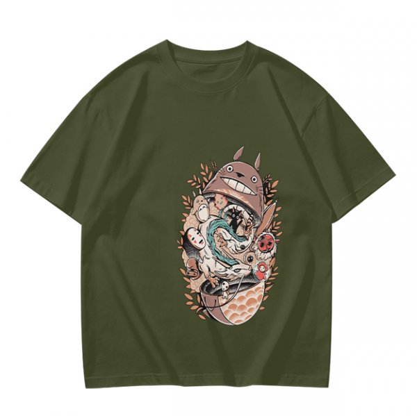 Olive Green T-Shirt with Studio Ghibli Character Collage Print