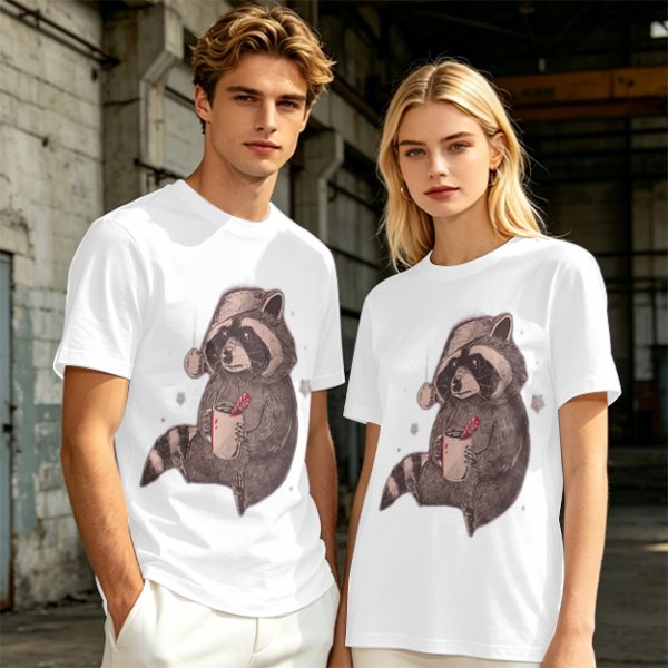 Olive T-Shirt With Raccoon In Santa Hat Holding Mug Print