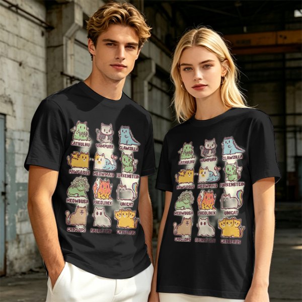 Olive green t-shirt with cute mythical monster cat graphic prints