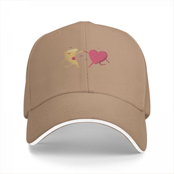 Black baseball cap with dancing pizza slice and pink heart design