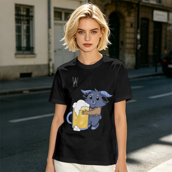 Olive T-Shirt With Cute Blue Goat Holding Foamy Beer Mug Print