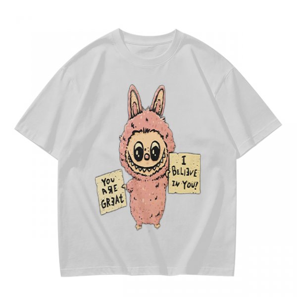 Olive T-shirt with a cute bunny monster holding You Are Great and I Believe In You signs
