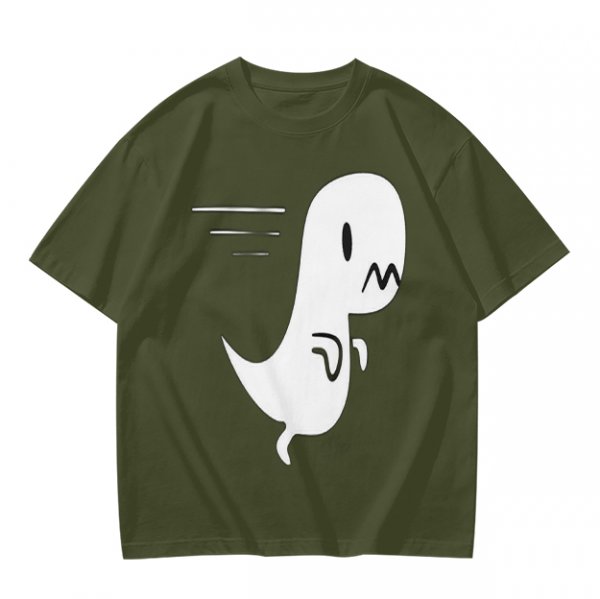 Olive T-Shirt With Cute Running Ghost Dinosaur Graphic Print