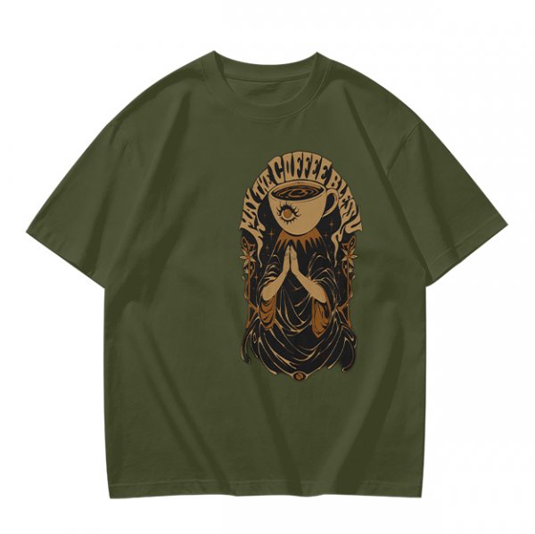 Olive green t-shirt with Pray the Coffee Brew graphic print