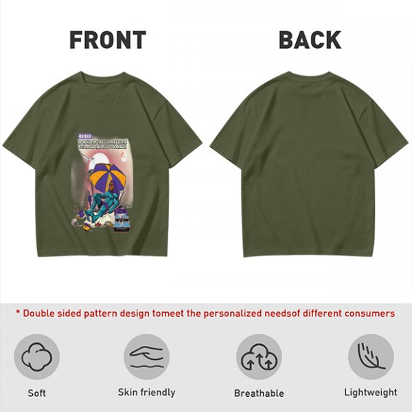Olive T-shirt with Superhero Lounging Under Beach Umbrella Print