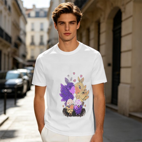 Olive T-Shirt With Cute Fantasy Bird Family Print