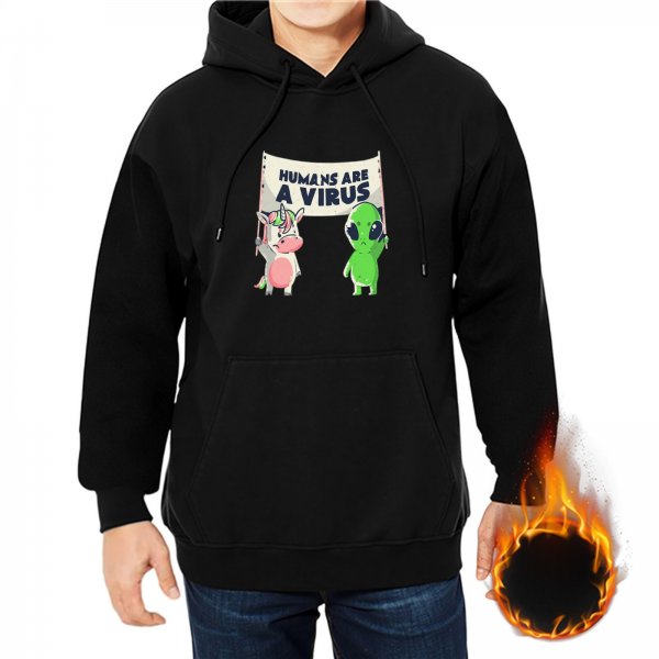 Black hoodie with 'Humans Are A Virus' alien unicorn graphic