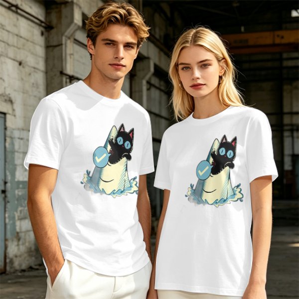 Olive T-Shirt With Black Cat Emerging From Wave Check Mark Print