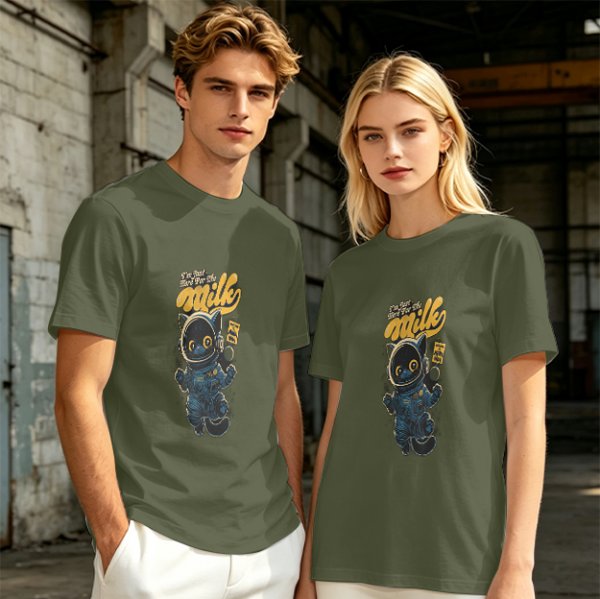 Olive T-shirt with Astronaut Cat 'I'm Just Here For The Milk' Print