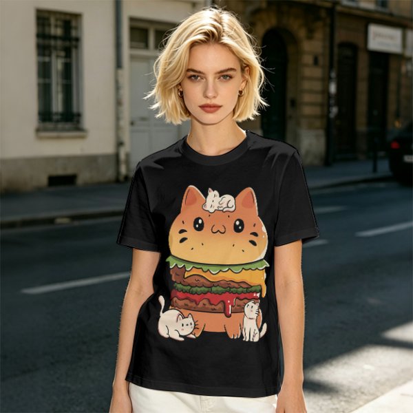 Olive T-Shirt With Cute Cat Burger And Kittens Print