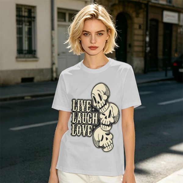 Olive Graphic T-Shirt with Live Laugh Love and Stacked Skulls