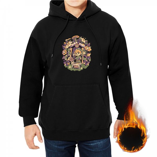 Black hoodie with chibi fantasy character and floral mushroom artwork