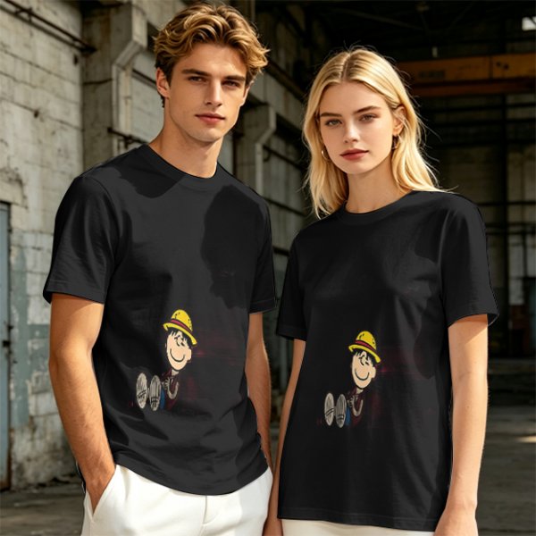 Olive Green T-Shirt with Smiling Boy in Yellow Hat Graphic