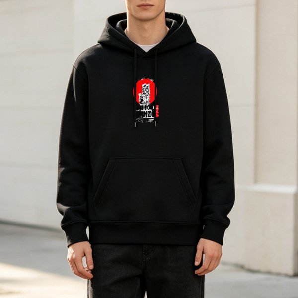 Black hoodie with red sun and Japanese-inspired graphic print