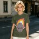 Olive green t-shirt with cute cartoon flaming asteroid graphic