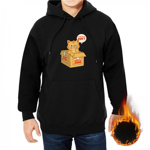 Black hoodie with grumpy orange cat in cardboard box funny print