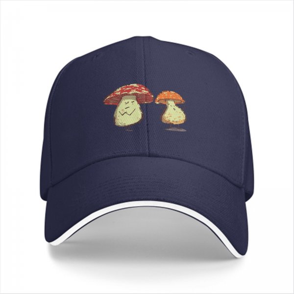 Black Baseball Cap With Cartoon Grumpy Mushroom Characters Print