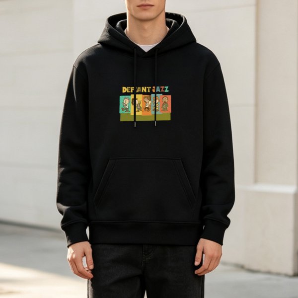 Black hoodie with Defiant Jazz cartoon band graphic