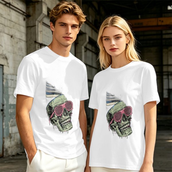 Olive T-Shirt With Party Skull Wearing Pink Shutter Shades