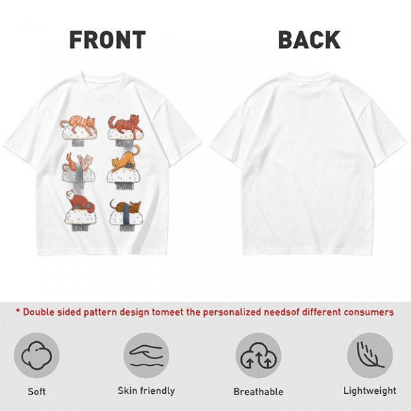 Olive green t-shirt with sushi cat illustrations