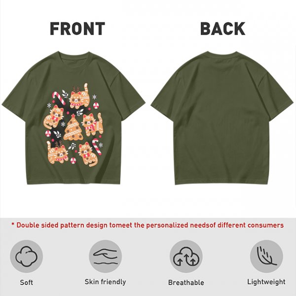Olive Green Christmas Cat Gingerbread Graphic T-Shirt