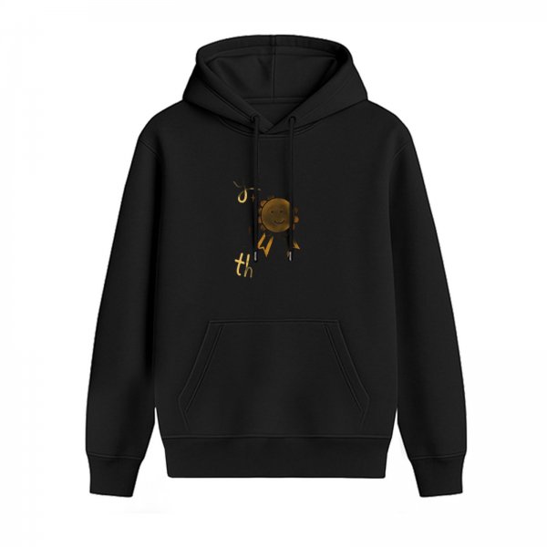 Black hoodie with smiling sun and 'th' graphic print