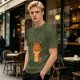 Olive green t-shirt with grumpy fox offering a hug graphic