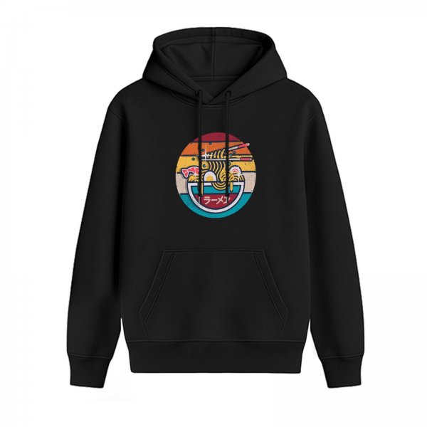 Black Hoodie With Retro Ramen Bowl Graphic Design