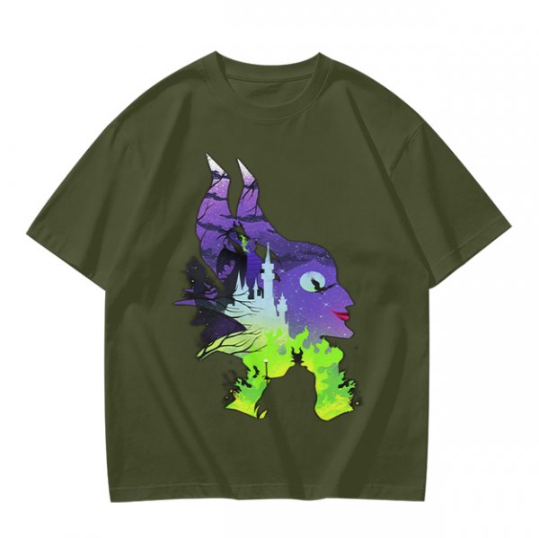 Olive green t-shirt with Maleficent fantasy silhouette graphic