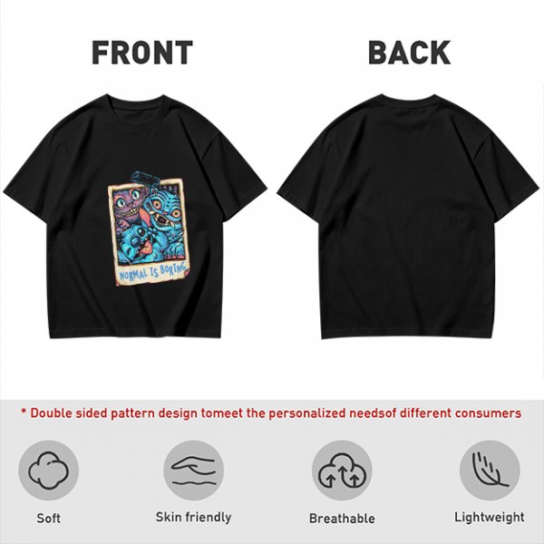 Olive t-shirt with monster polaroid print that says Normal Is Boring