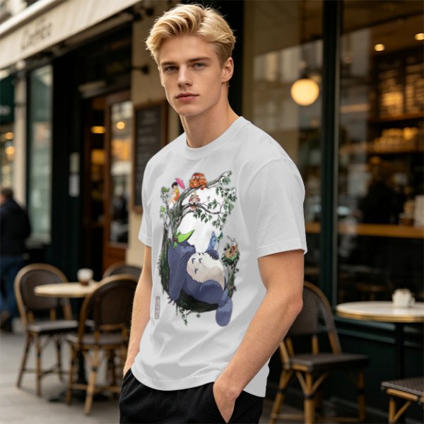 Olive green t-shirt with My Neighbor Totoro forest scene print