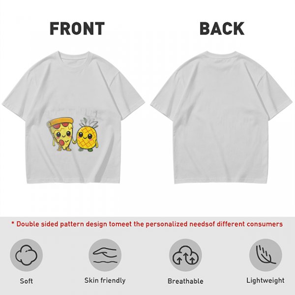 Olive T-Shirt with Cute Pizza and Pineapple Holding Hands Print