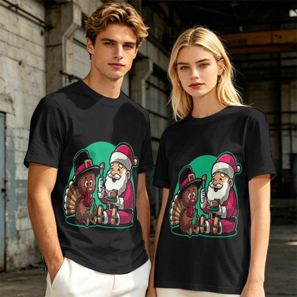 Olive T-Shirt with Santa and Thanksgiving Turkey Graphic