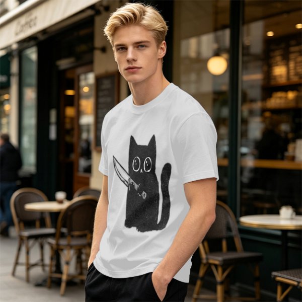 Olive T-Shirt With Cute Black Cat Holding Knife Graphic