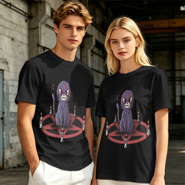 Olive T-Shirt With Purple Demon Cat On Pentagram And Candles
