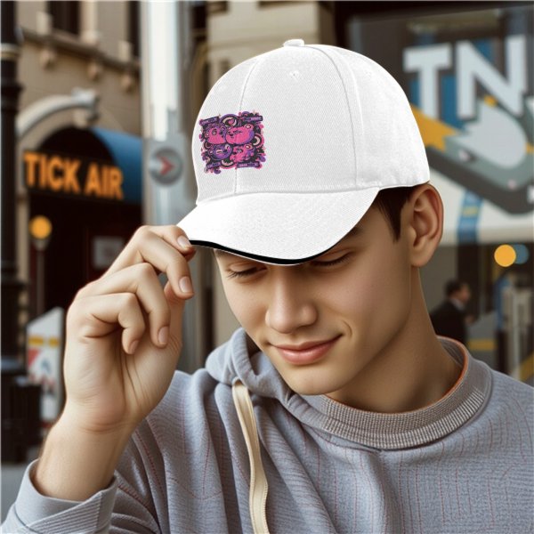 Black baseball cap with pink and purple bear graphic print