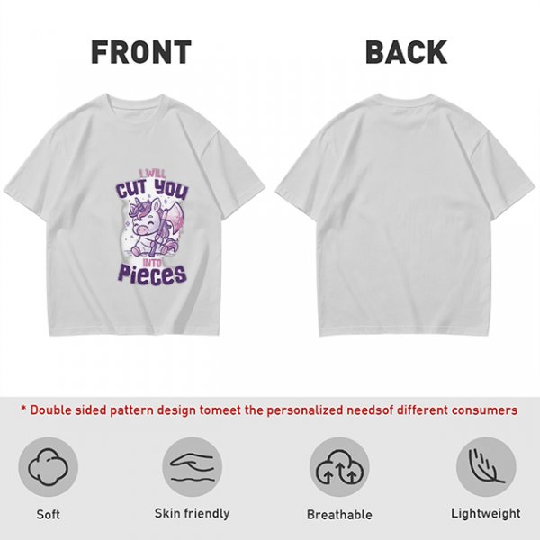 Olive t-shirt with a cute unicorn holding an axe and the text I will cut you into pieces