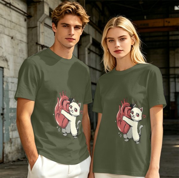 Olive T-Shirt With Cute White Cat Hugging Anatomical Heart Print