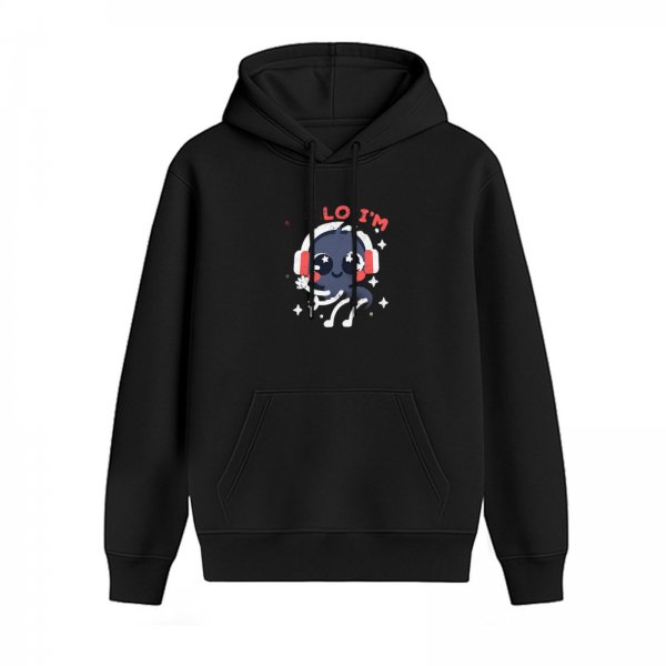 Black hoodie with cute alien wearing headphones graphic and text