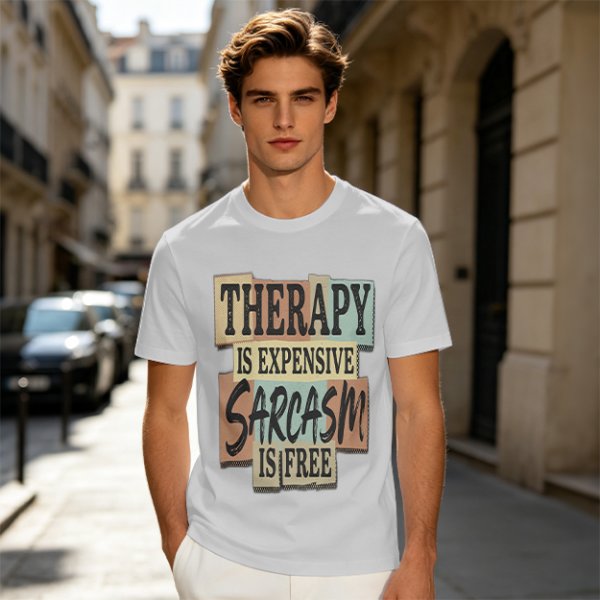Olive graphic tee with 'Therapy is expensive sarcasm is free' print