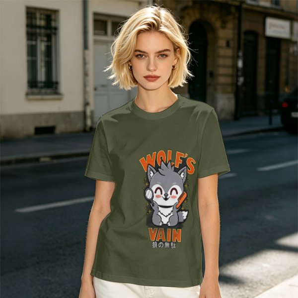 Olive t-shirt with cute wolf vanity graphic and playful text