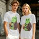 Olive Green T-Shirt With Cute Turtle Holding Coffee Cup Print