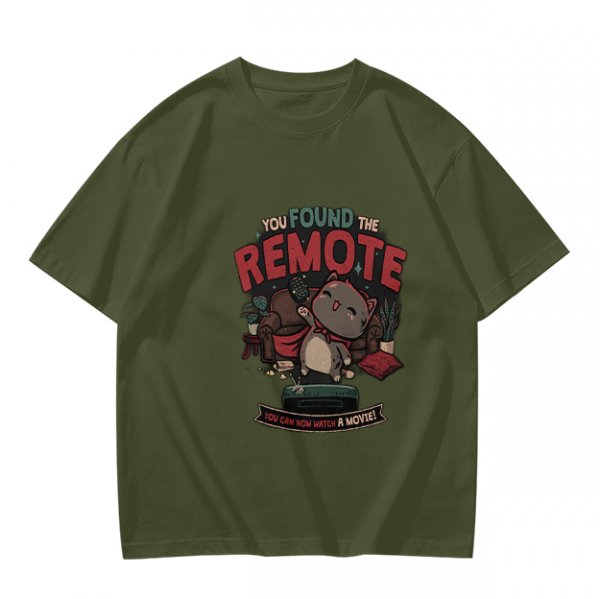 Olive t-shirt with cat graphic and 'You Found The Remote' movie text