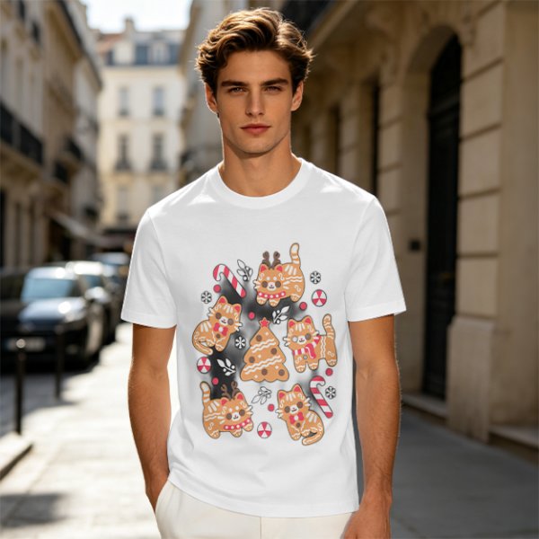 Olive Green Christmas Cat Gingerbread Graphic T-Shirt