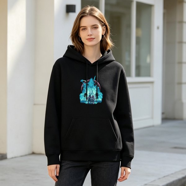 Black Hoodie With Fantasy Ice Castle Warrior Graphic Print